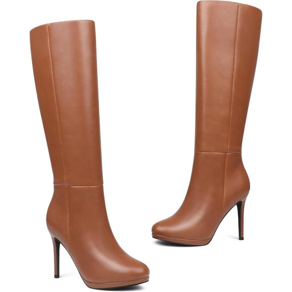 Women's Brown Rubber Stiletto Knee High Boots Platform Side Zipper Long Boots - Picture 2 of 9